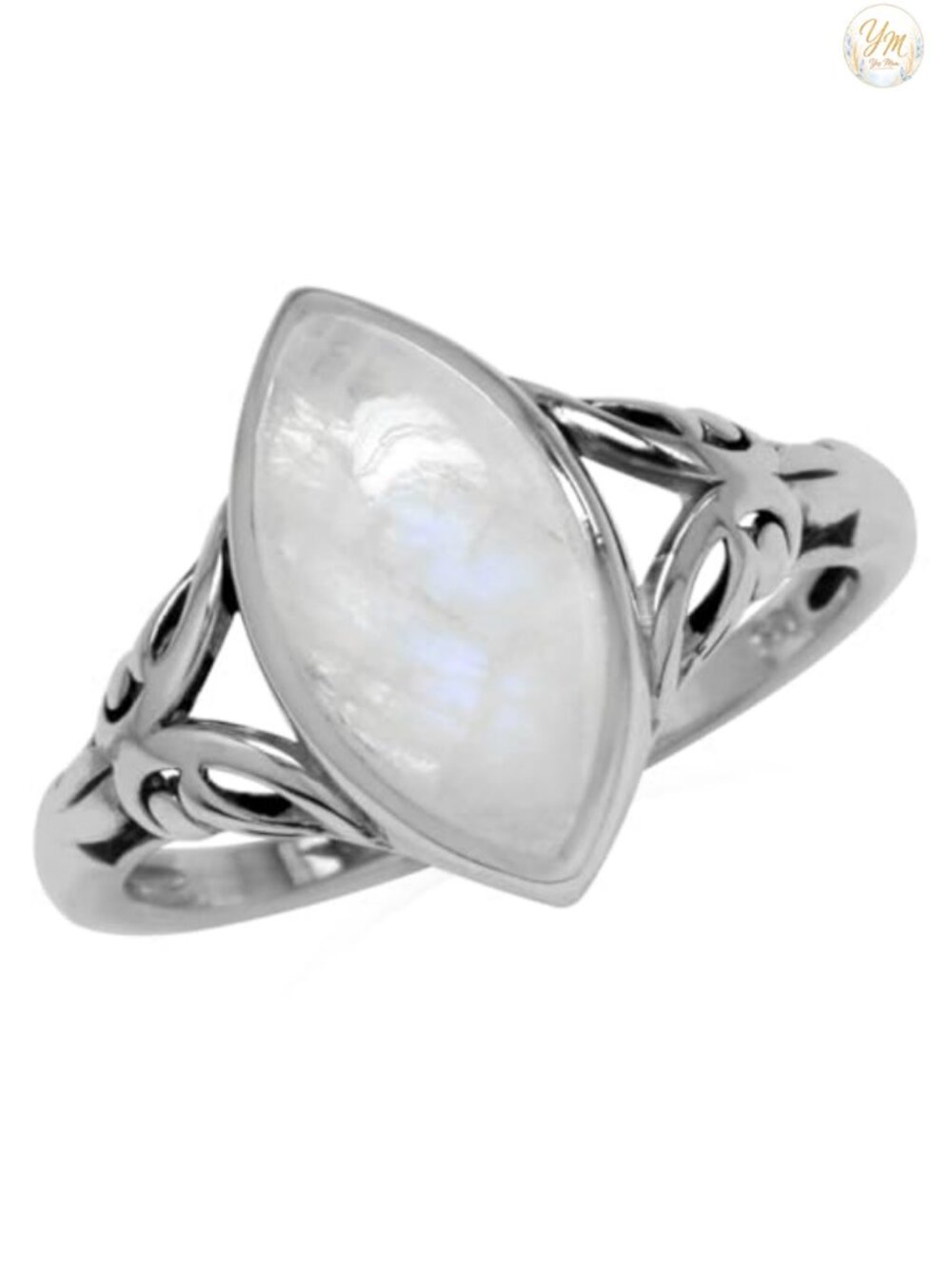 Sterling Silver Filigree Marquise Moonstone Solitaire Ring Size 9